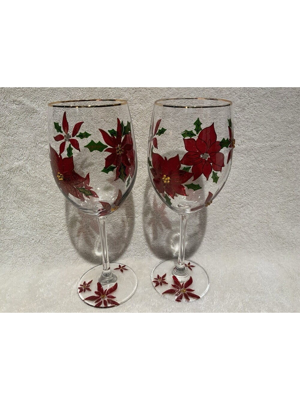 Set of Two 9.25”H Gold Rim Holiday Poinsettia Wine Glasses